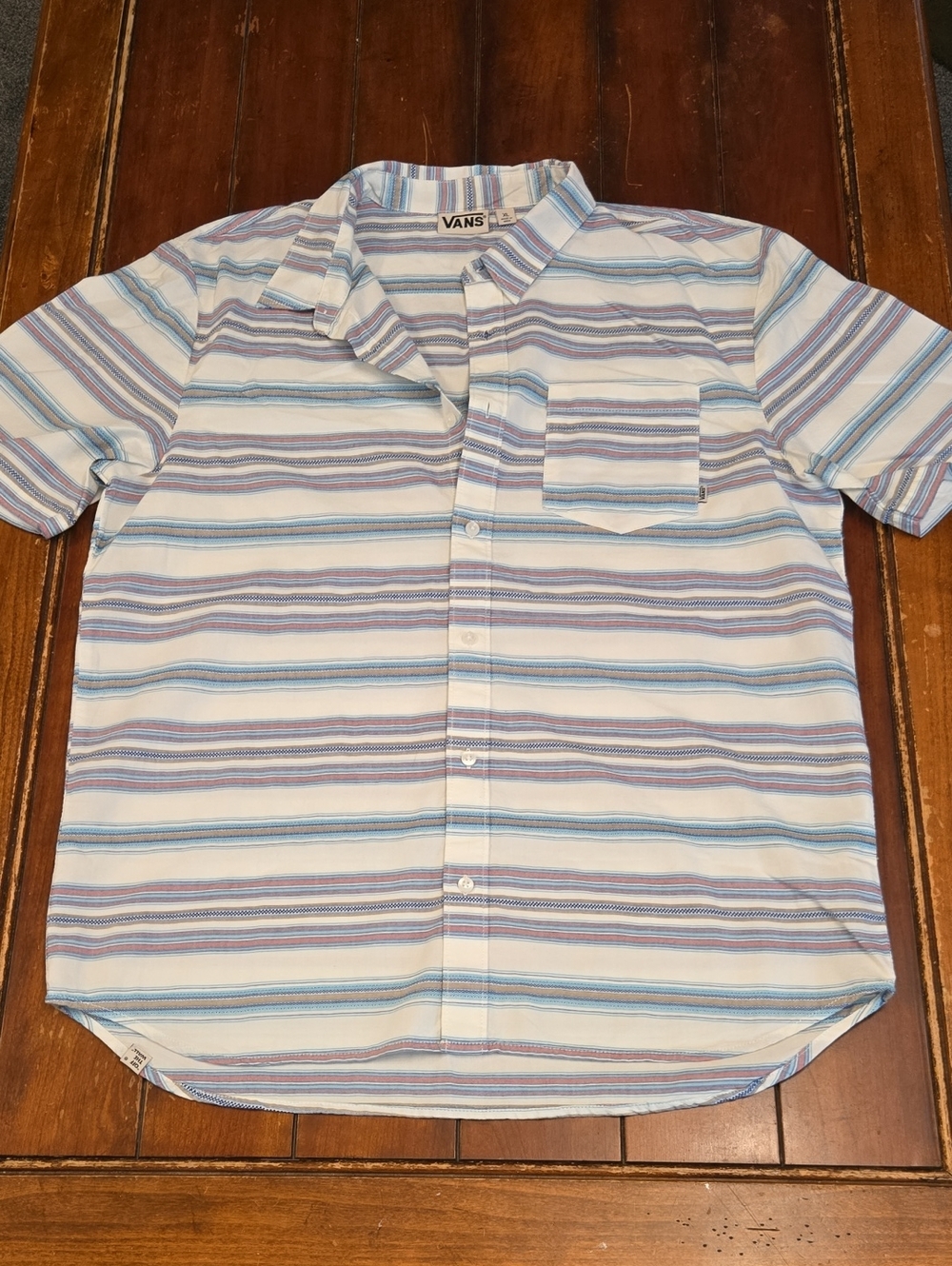 Vans Short Sleeve Button-Up Shirt in White, Light Blue and Lavender Stripes